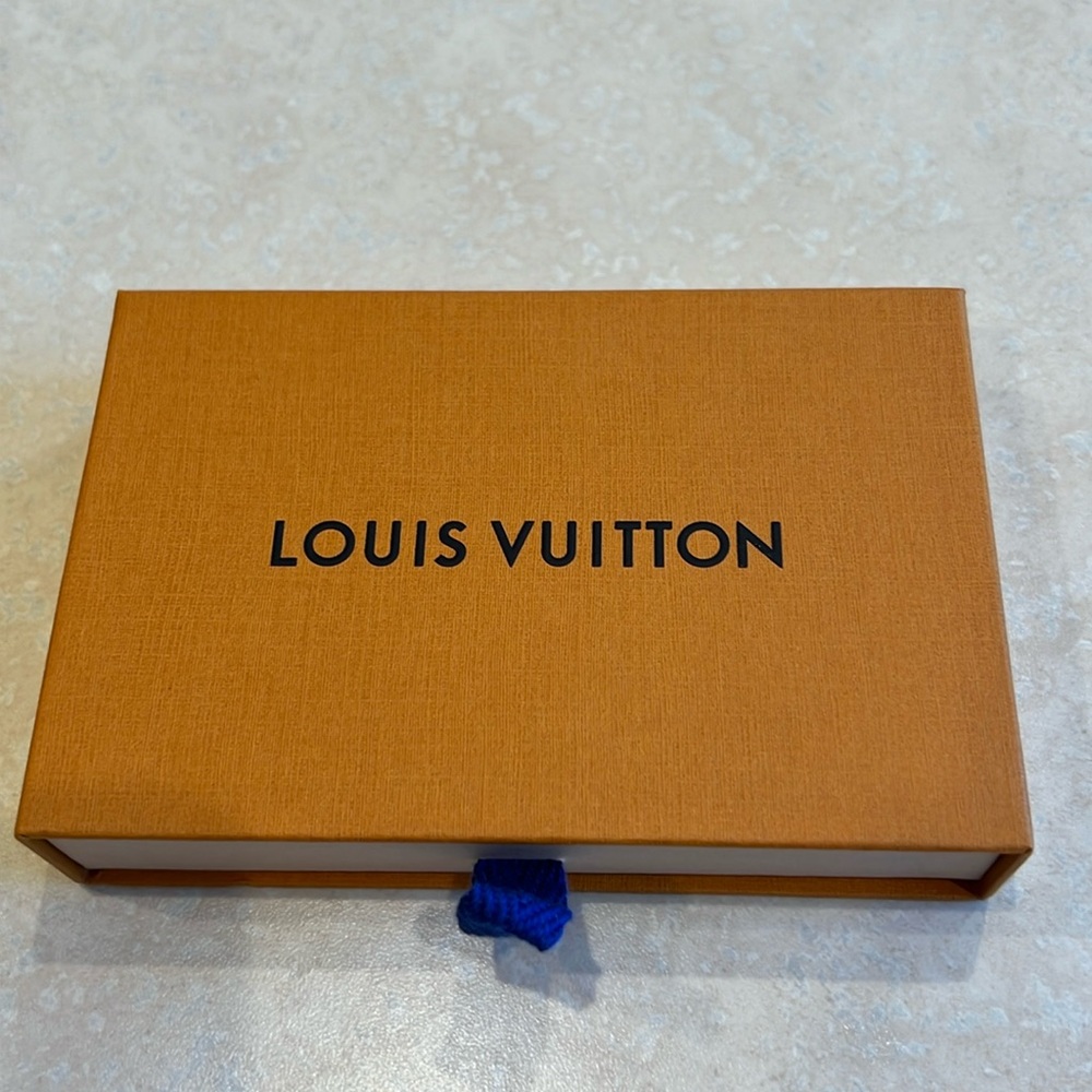 Original LV Luis Vuitton Shopping Gift Box, Orange with Blue Ribbon Pull Tab